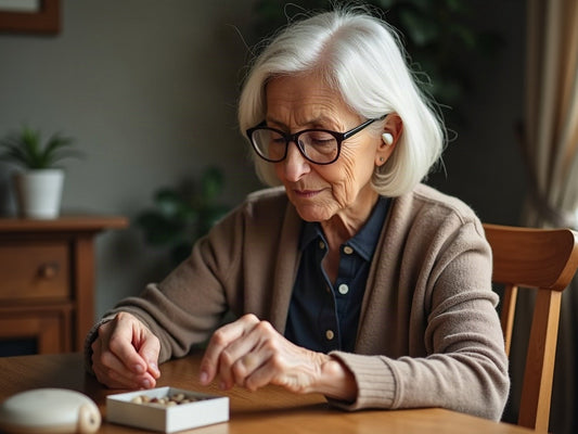 Une femme âgée à lunettes trie de petits objets sur une table en bois, appareil auditif discret à l'oreille.