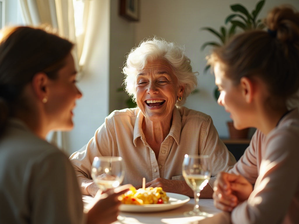 Trois générations rient autour d'une table ensoleillée ; la grand-mère, appareillée discrètement, participe pleinement à la conversation.