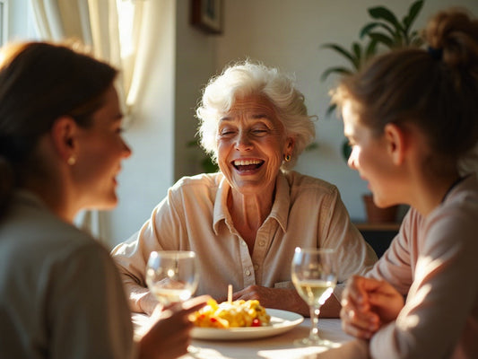 Trois générations rient autour d'une table ensoleillée ; la grand-mère, appareillée discrètement, participe pleinement à la conversation.