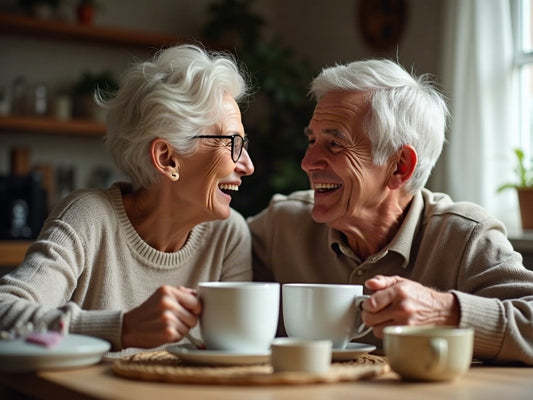 Un couple de retraités rit autour d'un café ; l'homme porte un petit appareil auditif discret derrière l'oreille.