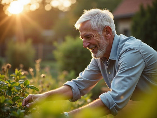 Un homme de soixante-dix ans jardine au soleil, un petit appareil auditif contour d'oreille visible près de son oreille.