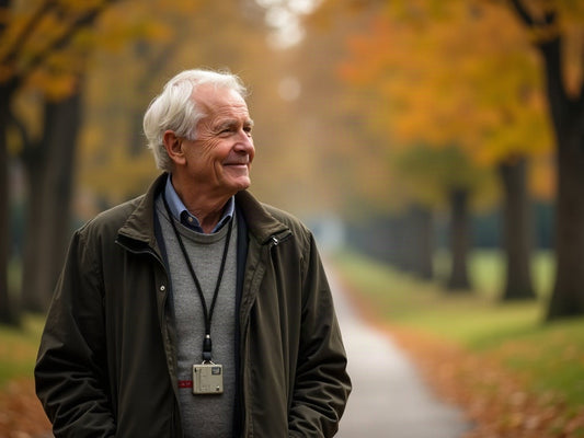 Un homme de la soixantaine marche sur un chemin bordé d'arbres par une belle journée d'automne, équipé d'un appareil discret.