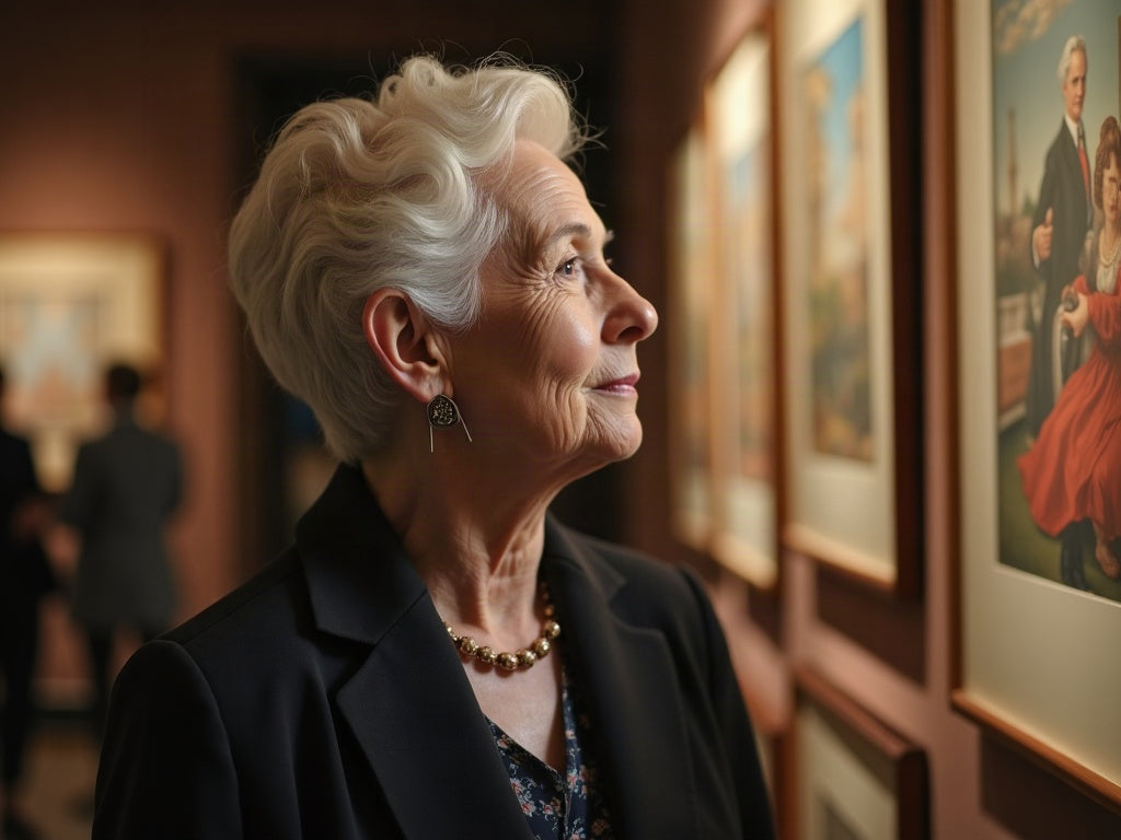 Une femme de soixante-dix ans visite une galerie d'art, équipée d'un appareil auditif intra-auriculaire presque invisible.