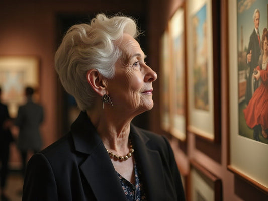 Une femme de soixante-dix ans visite une galerie d'art, équipée d'un appareil auditif intra-auriculaire presque invisible.